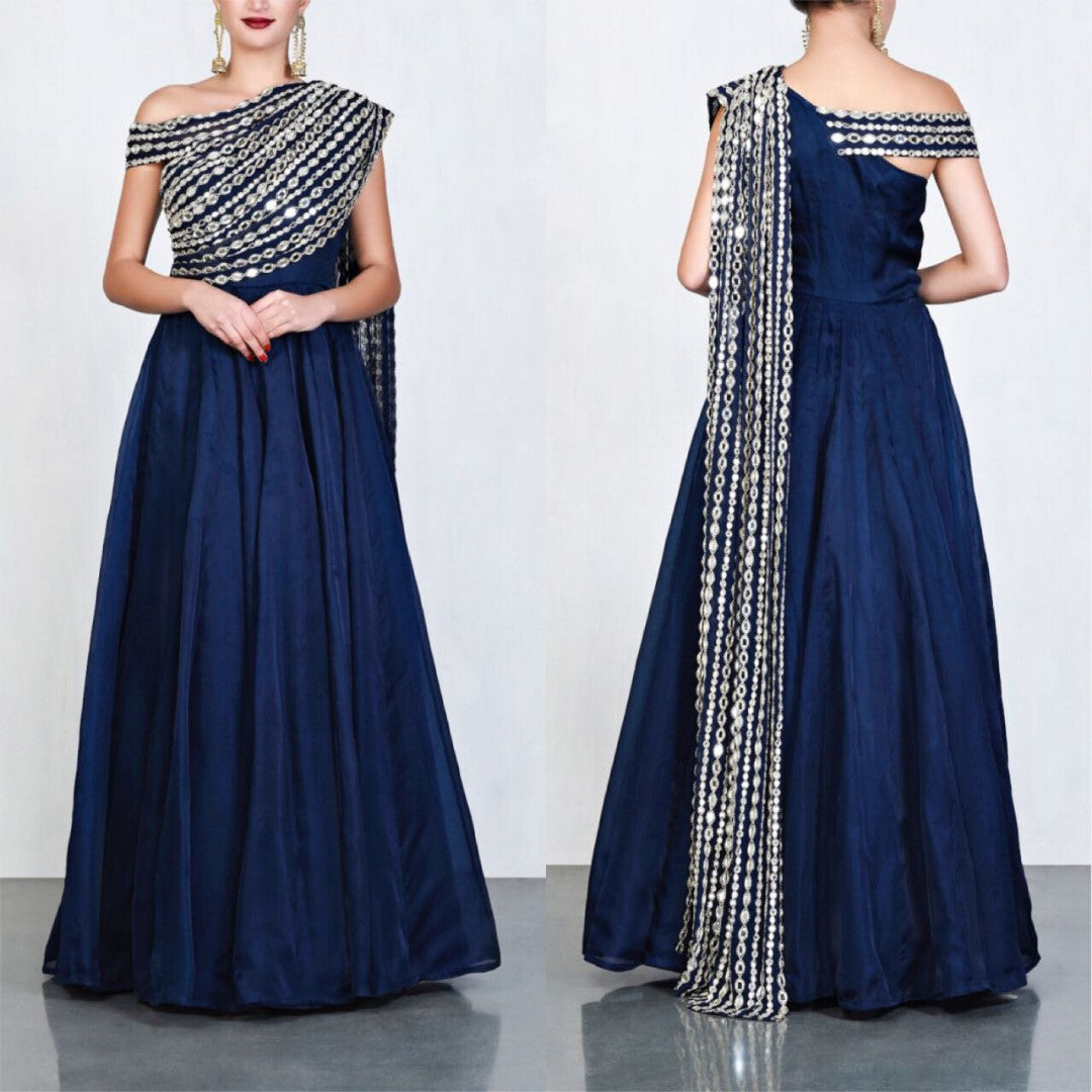 navy blue heavy tapeta silk partywear gown