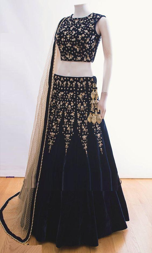 Navy blue heavy velvet designer embroidered ceremonial lehenga choli