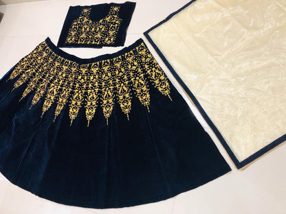 Navy blue heavy velvet designer embroidered ceremonial lehenga choli