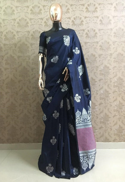 Navy blue heavy weaving pallu silk saree