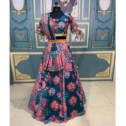 Navy Blue italian satin digital printed wedding lehenga choli