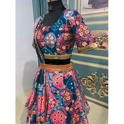 Navy Blue italian satin digital printed wedding lehenga choli