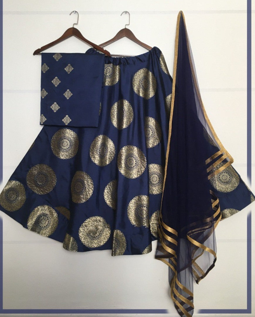 Navy blue jacquard banarasi silk wedding lehenga