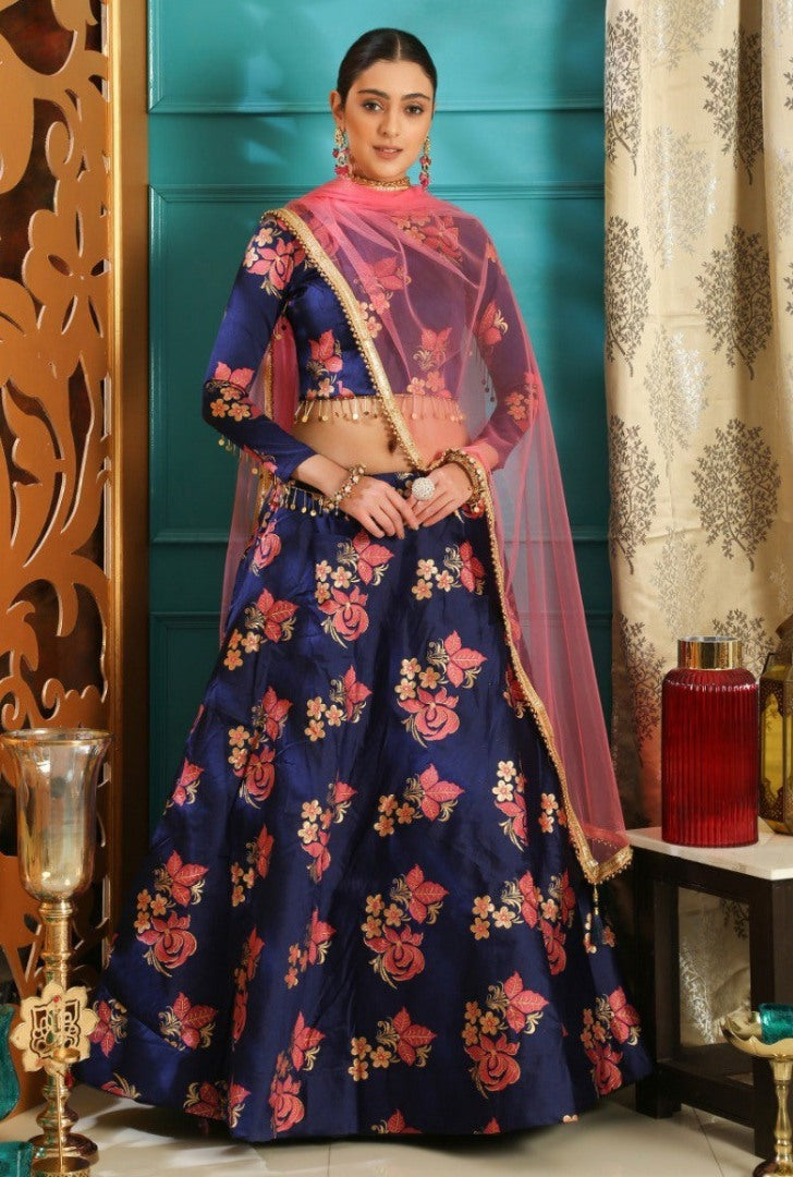 Navy blue jacquard fabric designer ceremonial lehenga choli