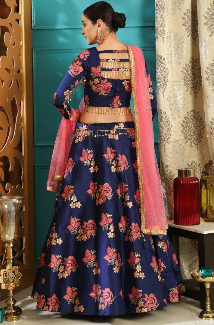 Navy blue jacquard fabric designer ceremonial lehenga choli