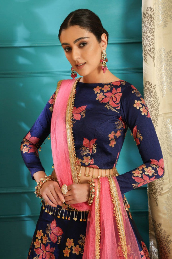Navy blue jacquard fabric designer ceremonial lehenga choli