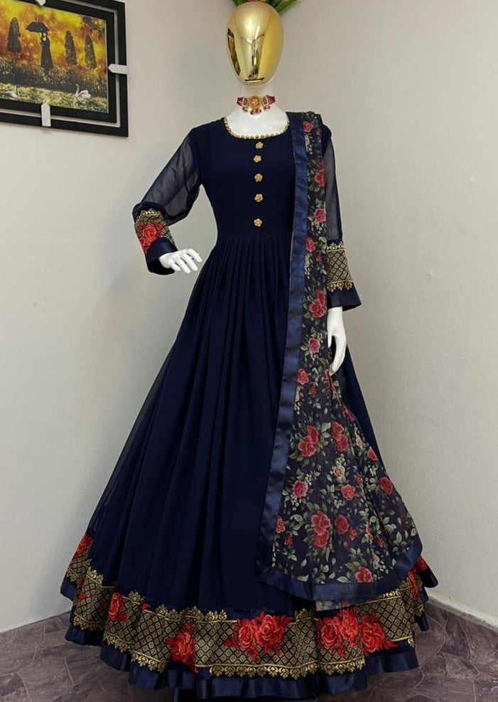 Navy blue jacquard weaving work party wear gown