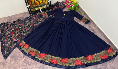 Navy blue jacquard weaving work party wear gown