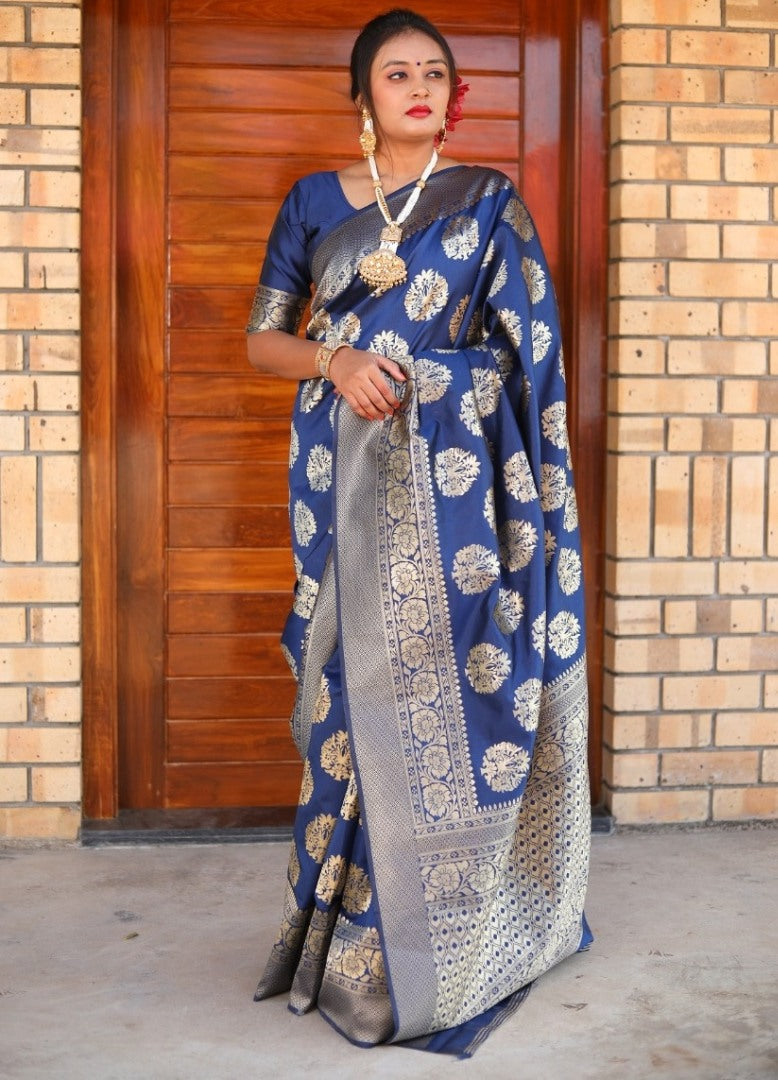 Navy blue jacquard woven silk saree