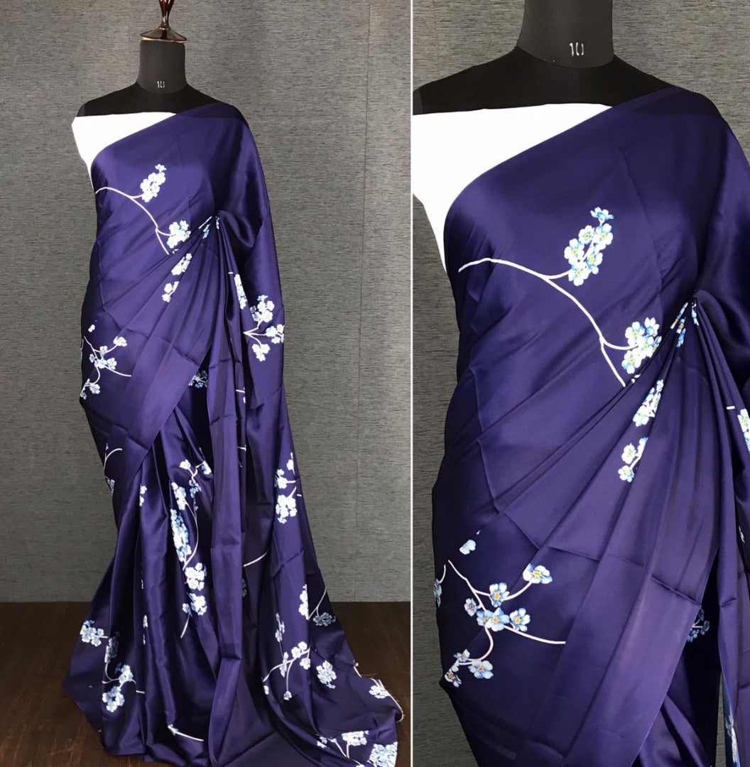 Navy blue japan satin digital printed work party wear saree