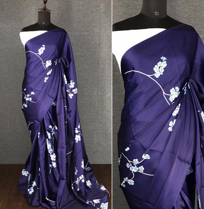 Navy blue japan satin digital printed work party wear saree