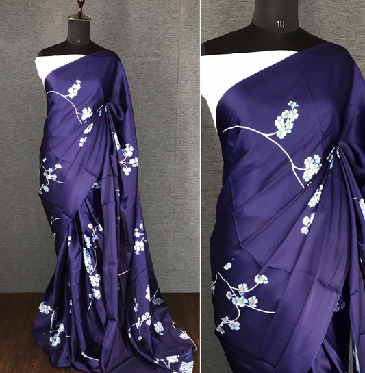 Navy blue japan satin digital printed work party wear saree