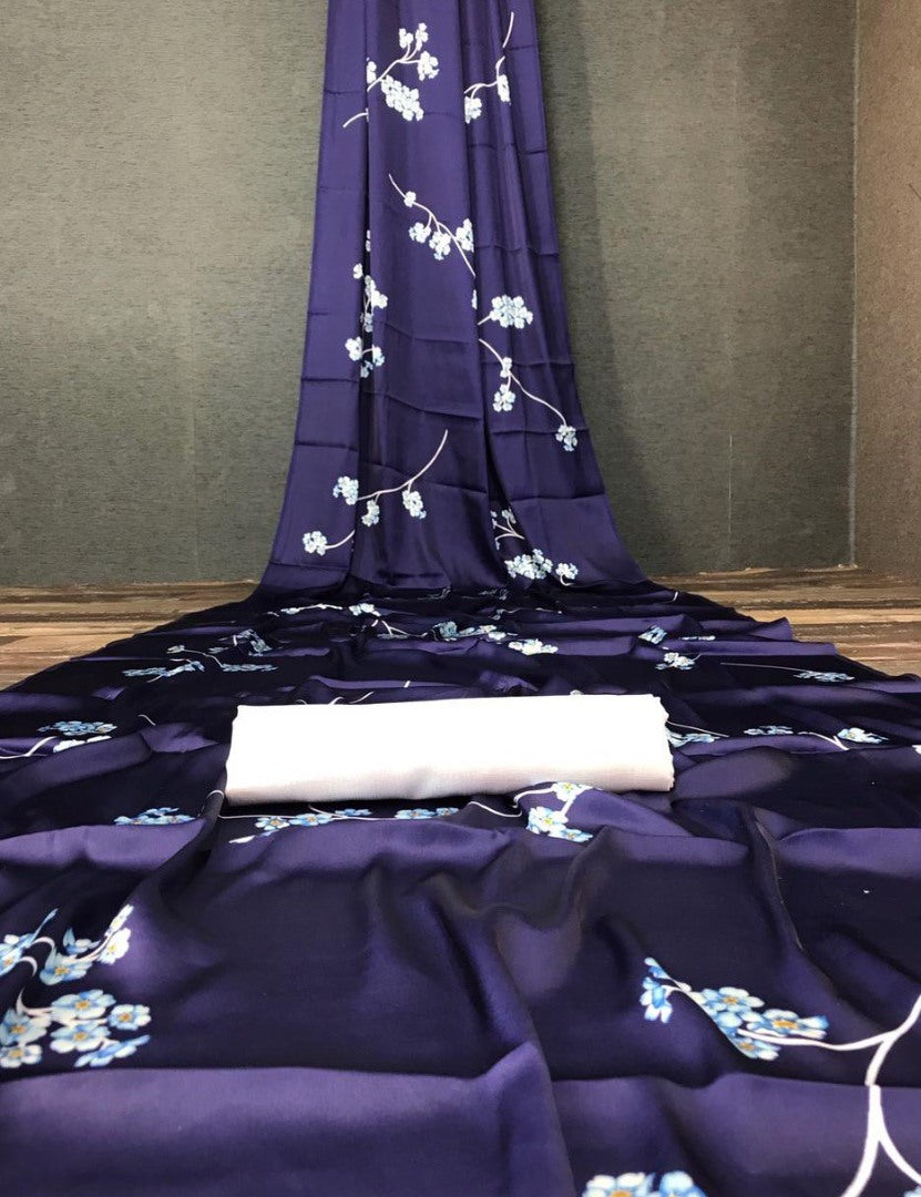 Navy blue japan satin digital printed work party wear saree