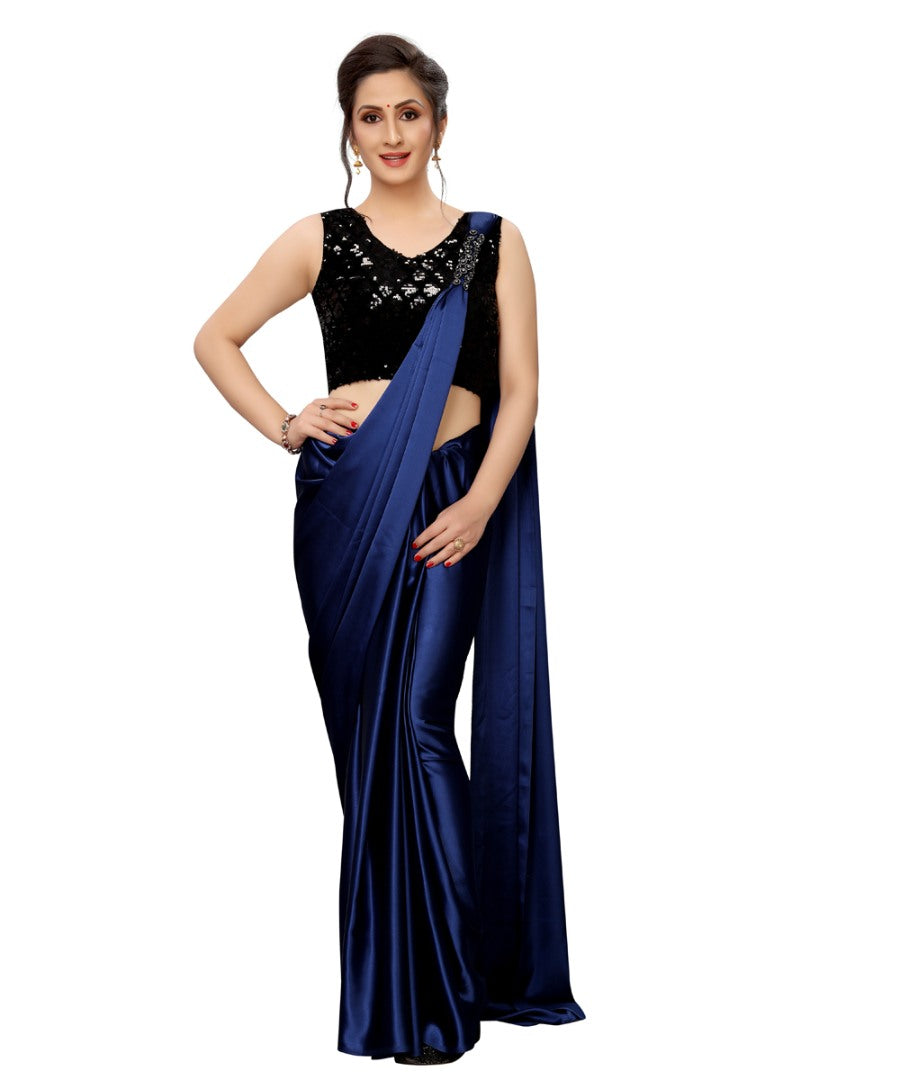 Navy blue japan satin partywear saree with sequence work blouse