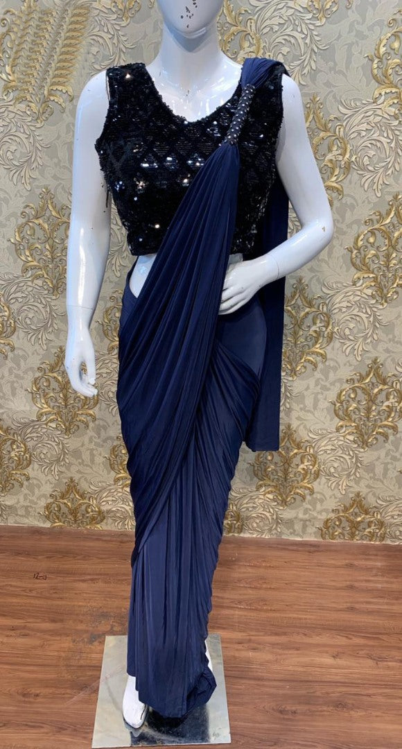 Navy blue japan satin partywear saree with sequence work blouse
