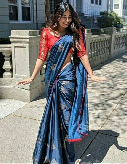 Navy blue japan satin printed saree