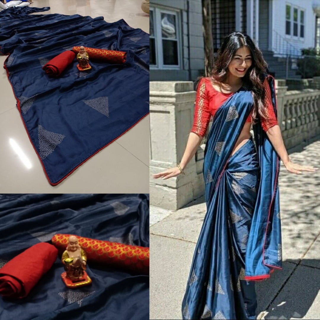 Navy blue japan satin printed saree