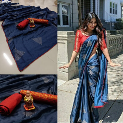 Navy blue japan satin printed saree