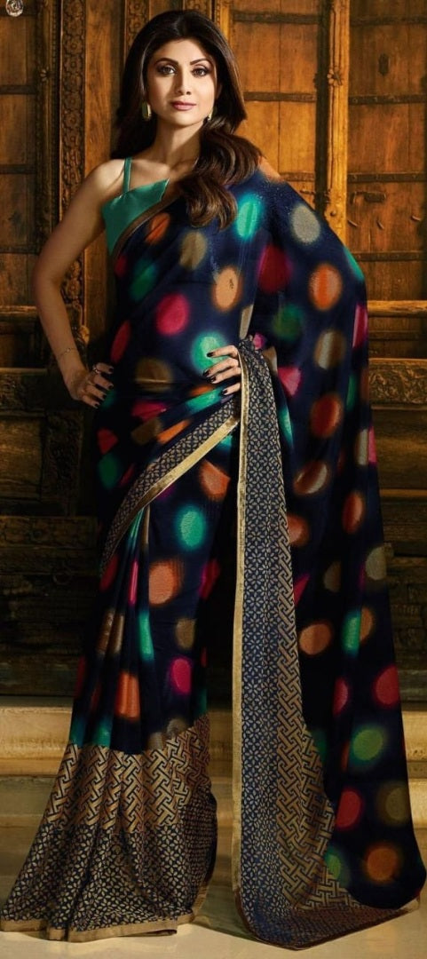 Navy blue japan satin silk digital printed work saree