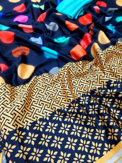 Navy blue japan satin silk digital printed work saree