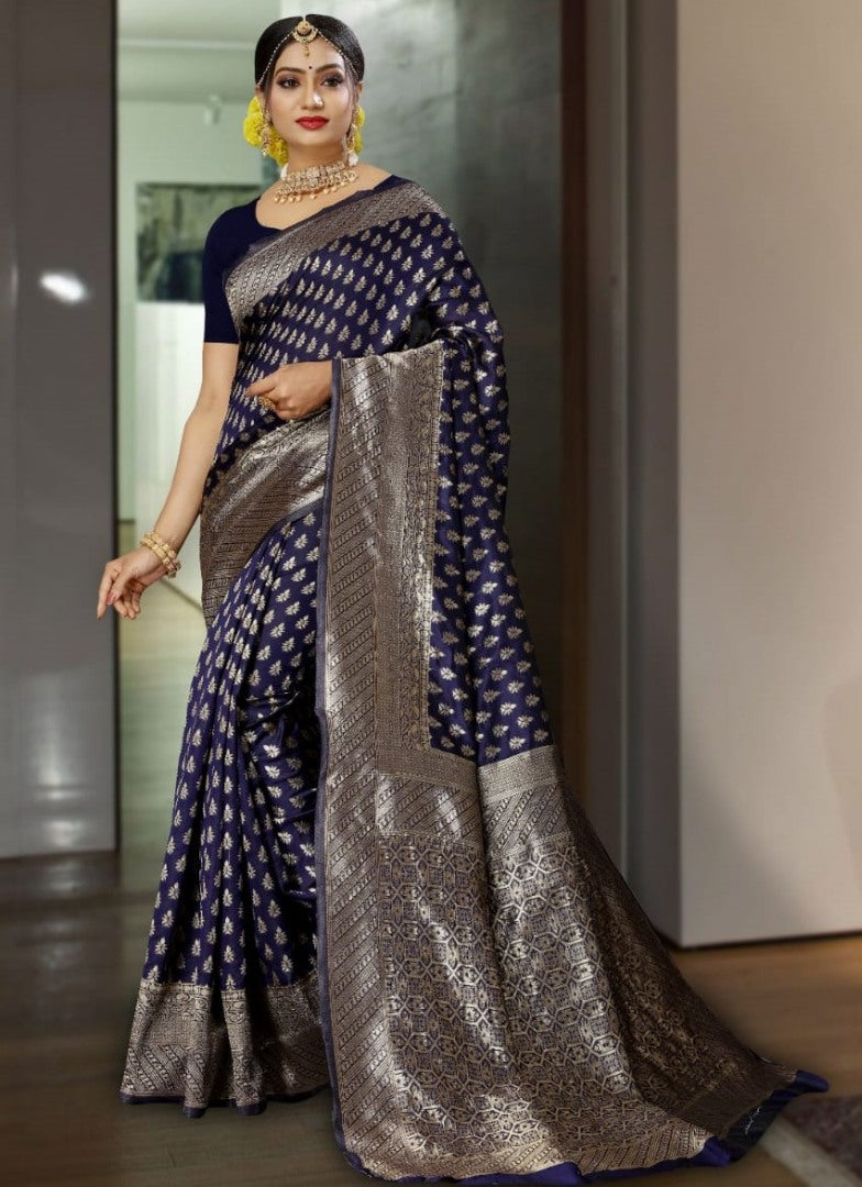Navy blue kanchipuram soft lichi silk jacquard weaving work saree
