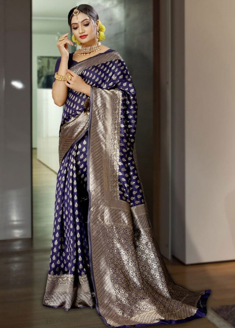 Navy blue kanchipuram soft lichi silk jacquard weaving work saree