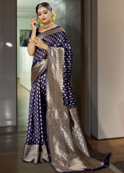 Navy blue kanchipuram soft lichi silk jacquard weaving work saree