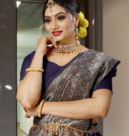 Navy blue kanchipuram soft lichi silk jacquard weaving work saree