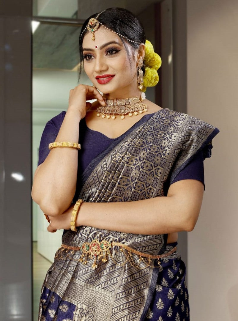 Navy blue kanchipuram soft lichi silk jacquard weaving work saree