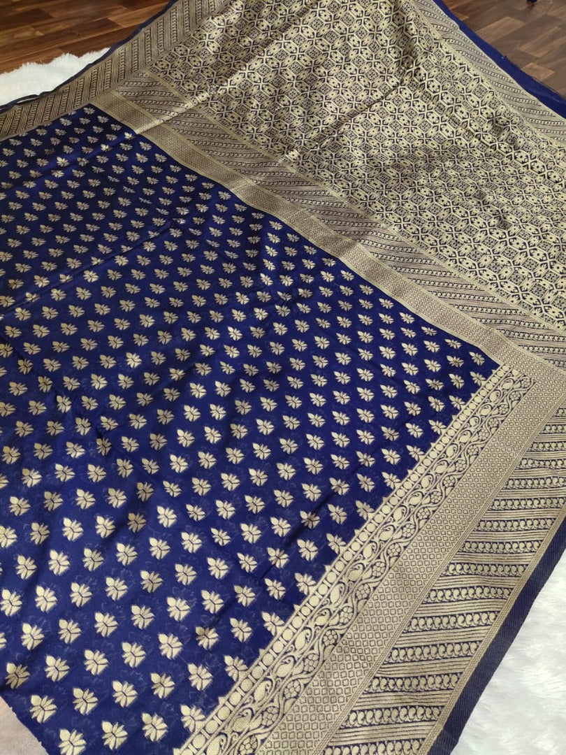 Navy blue kanchipuram soft lichi silk jacquard weaving work saree