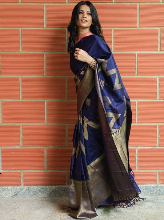 Navy blue kanchivaram kota silk zari work wedding saree