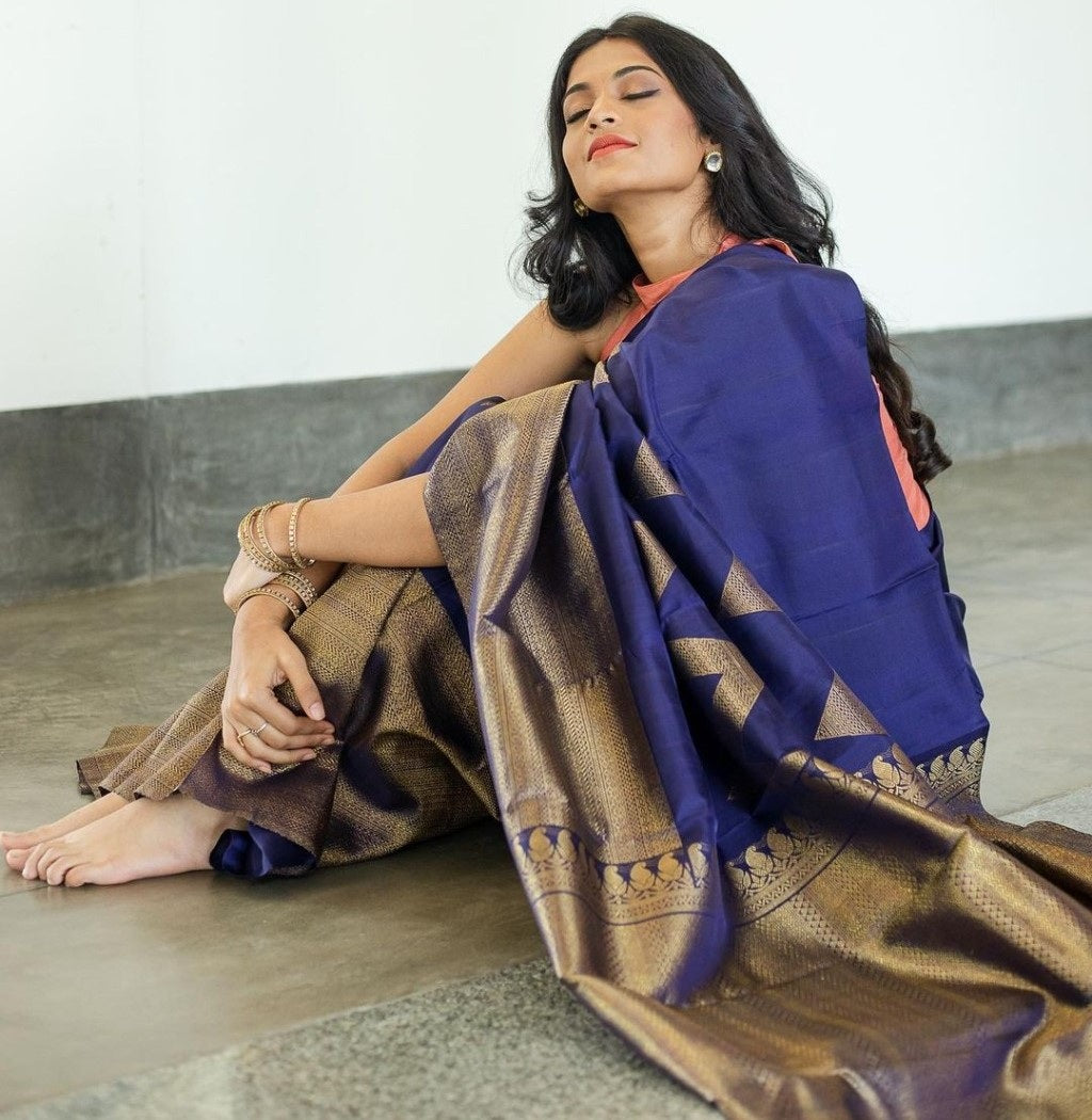 Navy blue kanchivaram kota silk zari work wedding saree