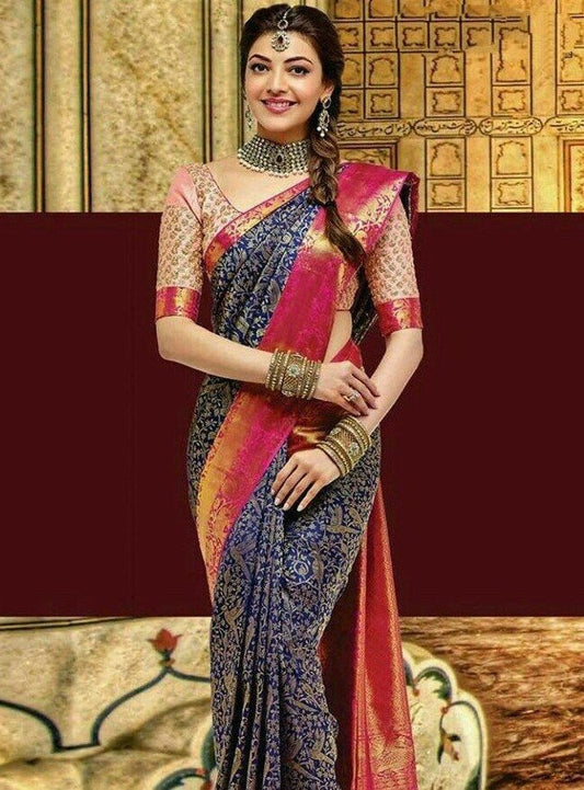 Navy blue kanjiwaram lichi silk jacquard weaving work wedding saree