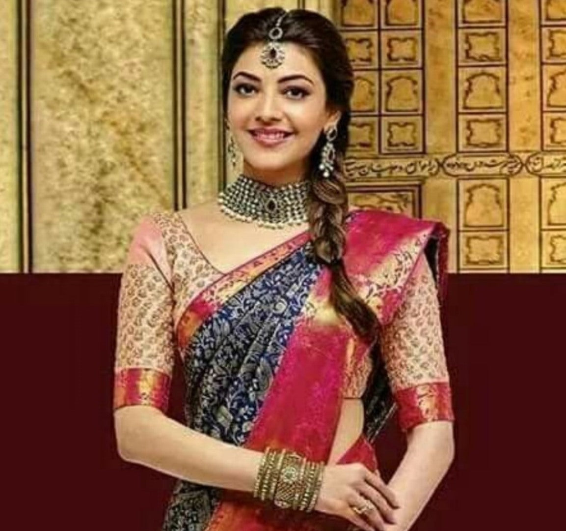 Navy blue kanjiwaram lichi silk jacquard weaving work wedding saree