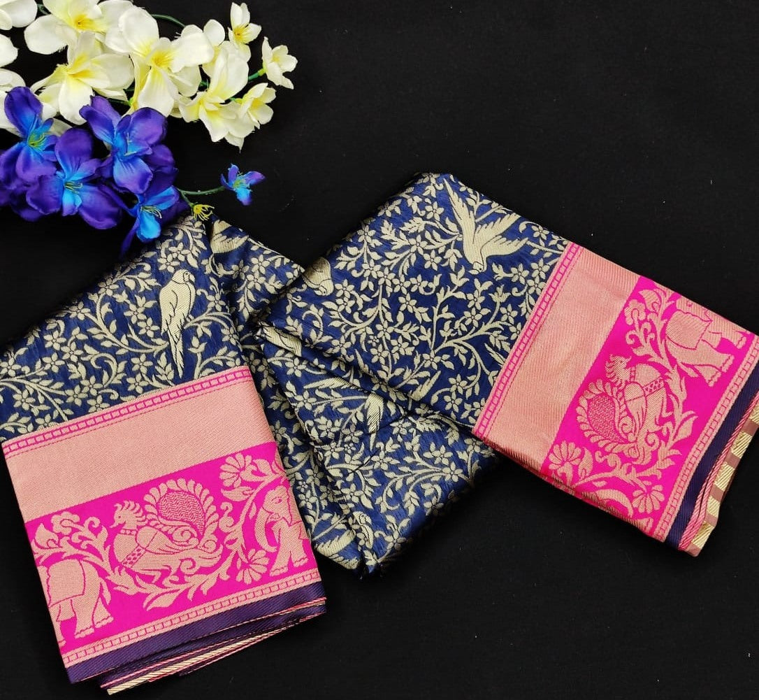 Navy blue kanjiwaram lichi silk jacquard weaving work wedding saree