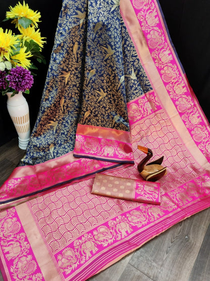 Navy blue kanjiwaram lichi silk jacquard weaving work wedding saree