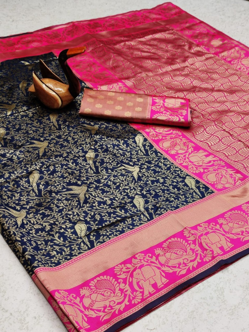 Navy blue kanjiwaram lichi silk jacquard weaving work wedding saree