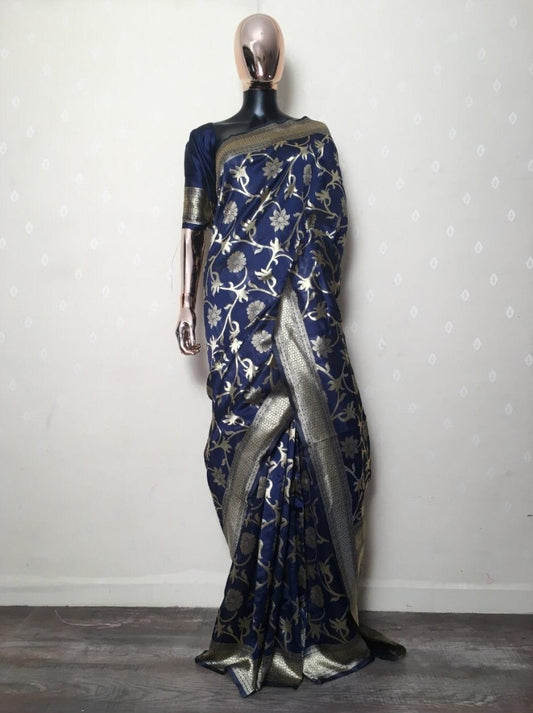 Navy blue kora silk jacquard weaving saree