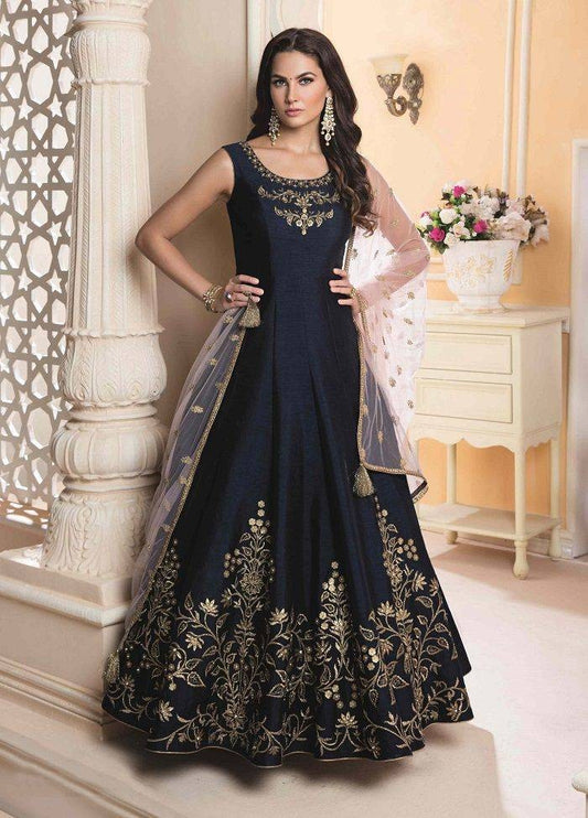 navy blue kumkum silk handworked neck wedding wear gown