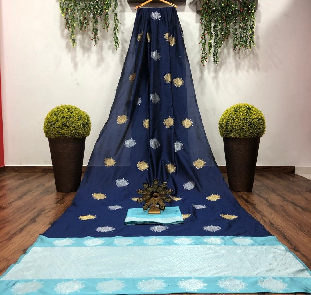 Navy blue lichi silk jacquard work saree