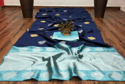 Navy blue lichi silk jacquard work saree