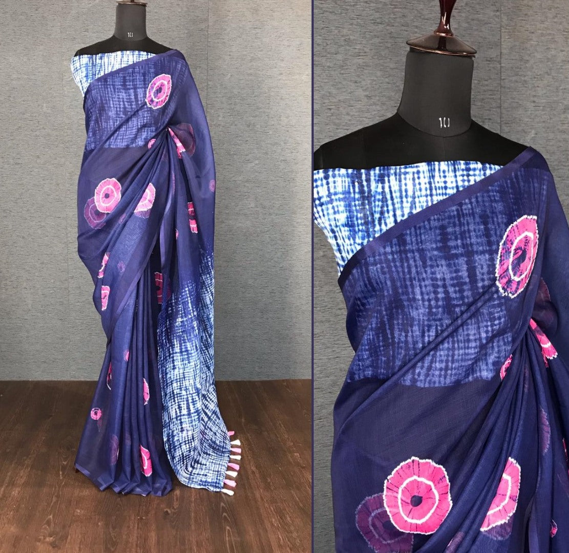 Navy blue linen digital printed with cotton tussles work saree
