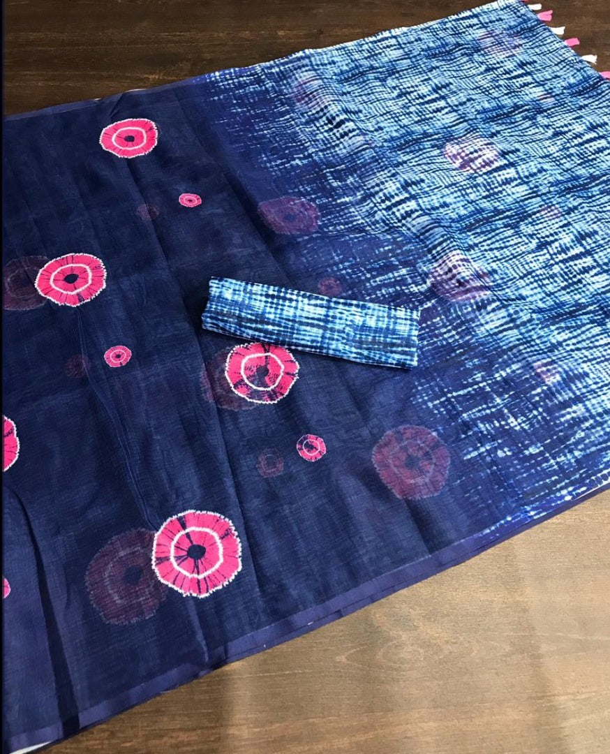 Navy blue linen digital printed with cotton tussles work saree