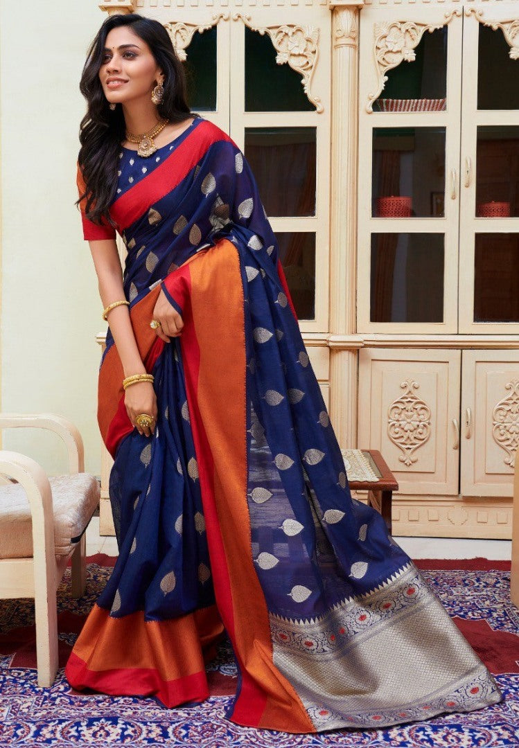 Navy blue linen silk orange border casual saree