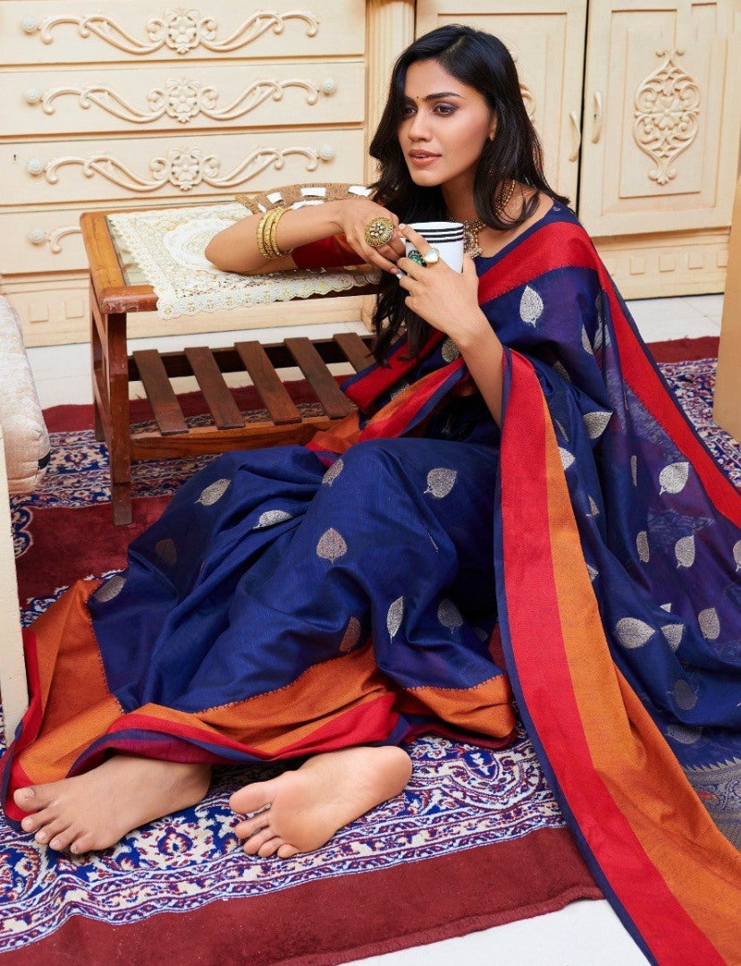 Navy blue linen silk orange border casual saree