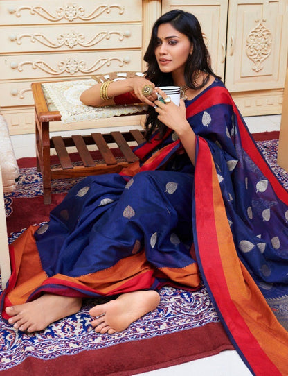 Navy blue linen silk orange border casual saree