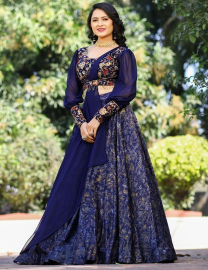 Navy blue malai silk digital print and embroidery work designer lehenga