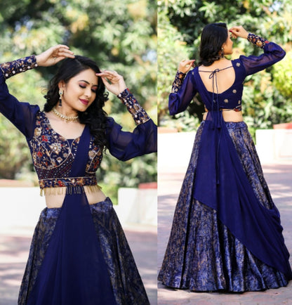 Navy blue malai silk digital print and embroidery work designer lehenga