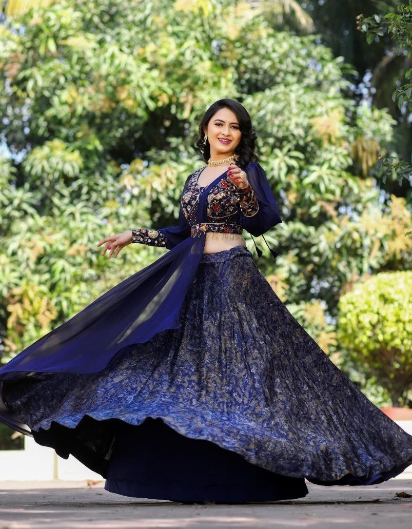 Navy blue malai silk digital print and embroidery work designer lehenga