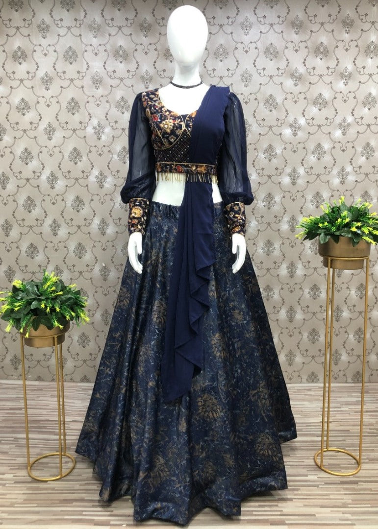 Navy blue malai silk digital print and embroidery work designer lehenga